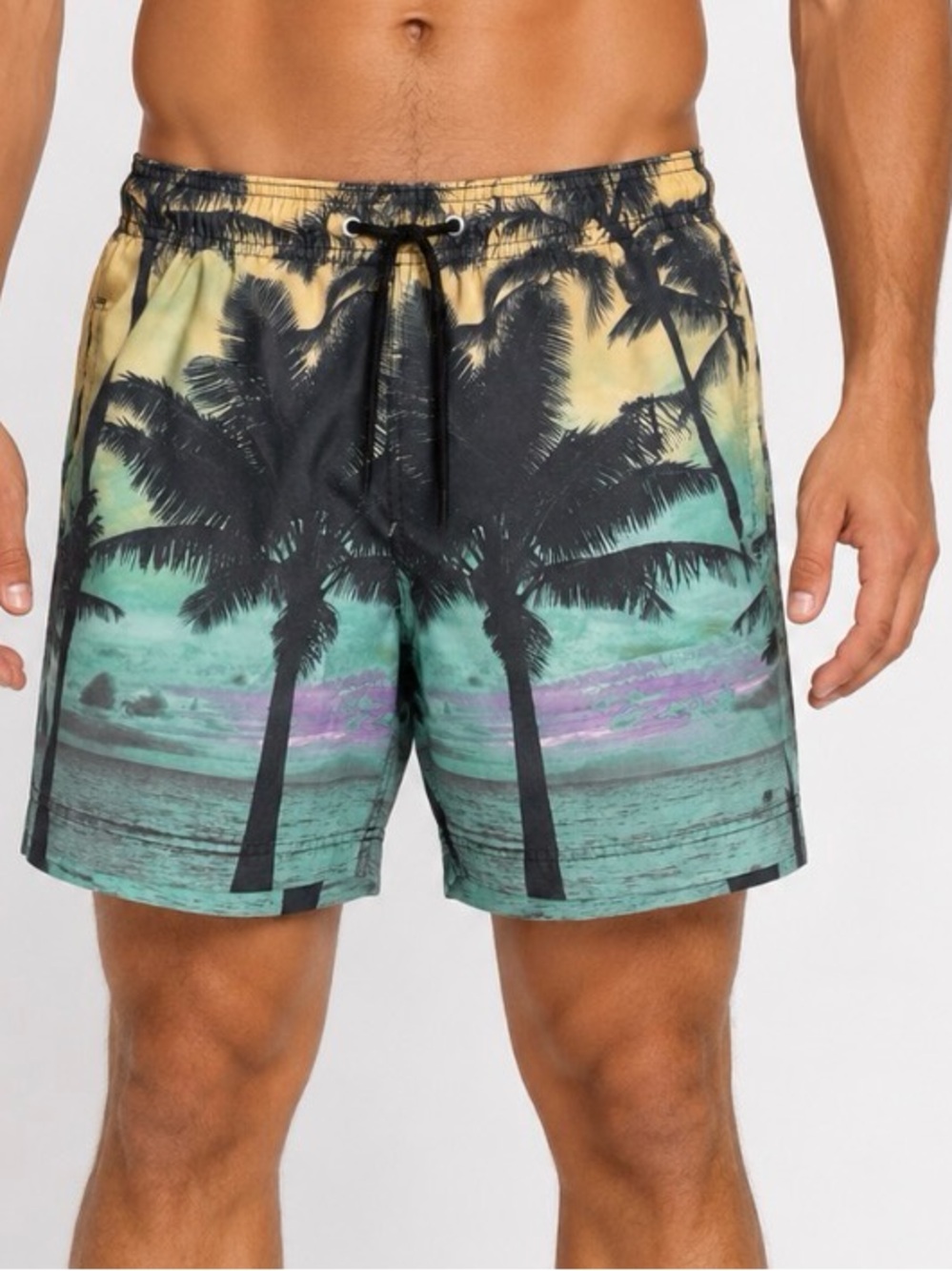 Aeropostale Men's Palm-Print Swim Trunks in Teal/Yellow - Beach Ready unlined SM